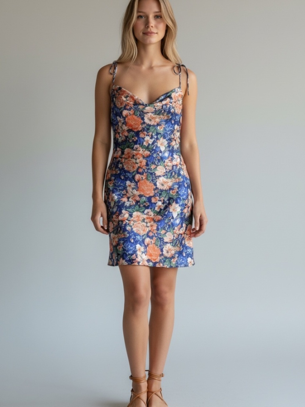 Lulus Flaunt Your Flowers Blue & Orange Floral Satin Tie-Strap Slip Dress Large